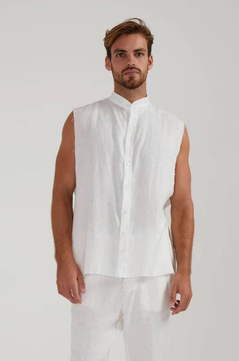 030552● HAVERSACK SLEEVELESS LINEN SHIRT Aura-Linen Natural SS Linen Shirt – camixa.com